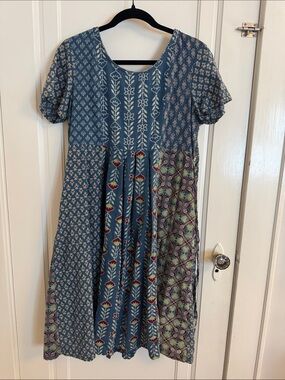 April Cornell Blue Multi-Print Patchwork Dress